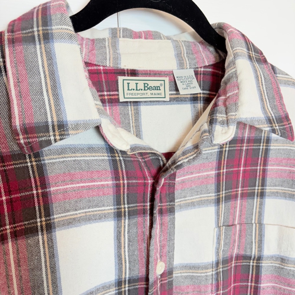 LL Bean Vtg Mens XL Flannel Plaid Red Gray White Made in USA Cotton 80s 90s